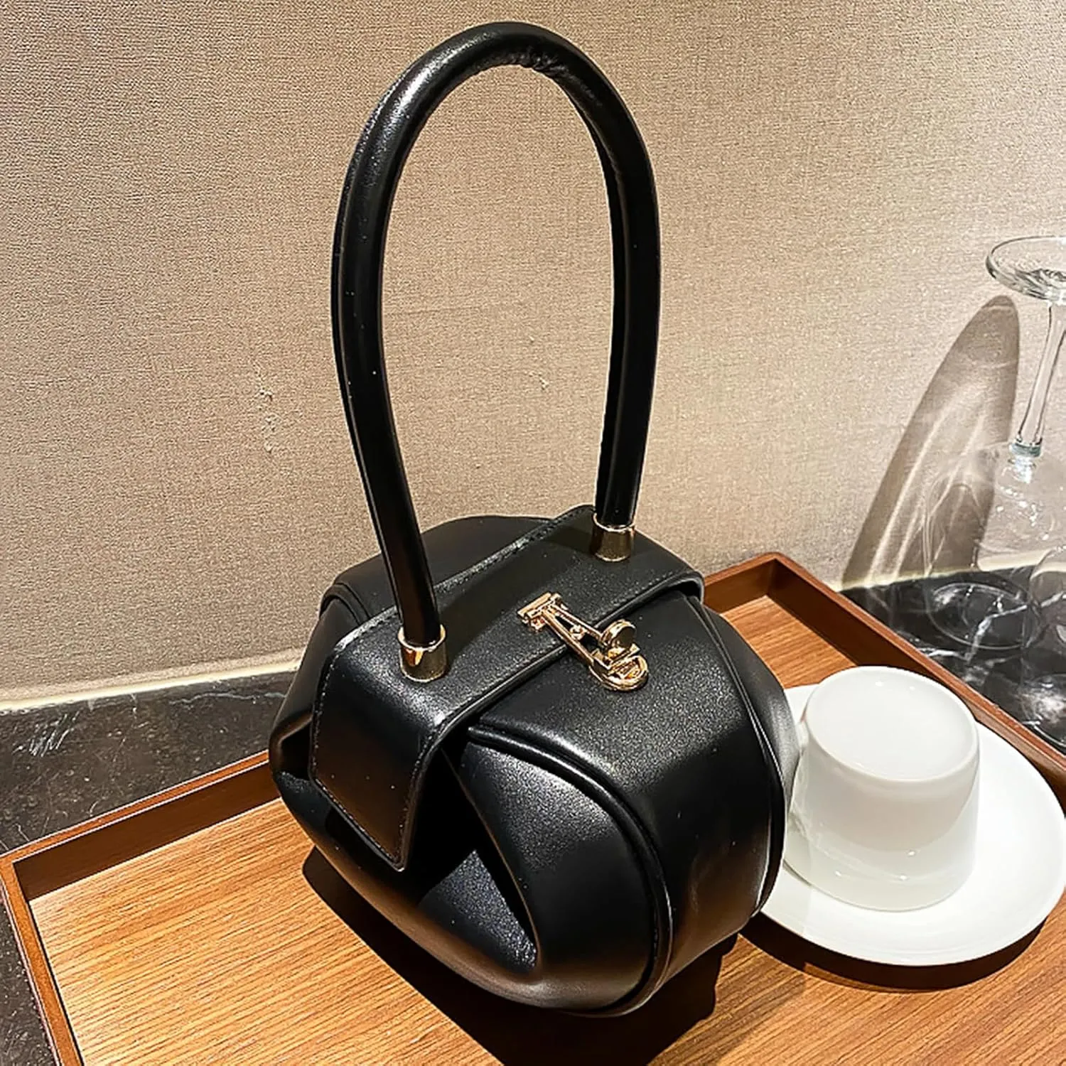 Genuine Leather Handbag, Dumplings Wonton Shoulder Bag, Retro Hobo Wristlet Bag, Women’s Evening Bag with Buckle Lock