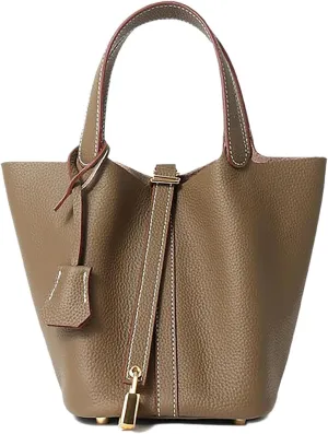 Genuine Leather Handbag Lock Design Bucket Bag Vegetable Basket Fashionable Versatile Shoulder Handbag