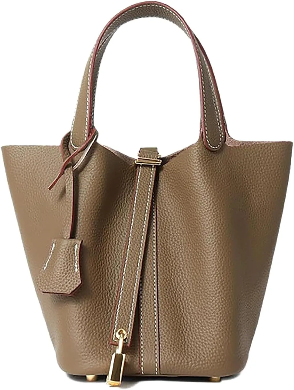Genuine Leather Handbag Lock Design Bucket Bag Vegetable Basket Fashionable Versatile Shoulder Handbag