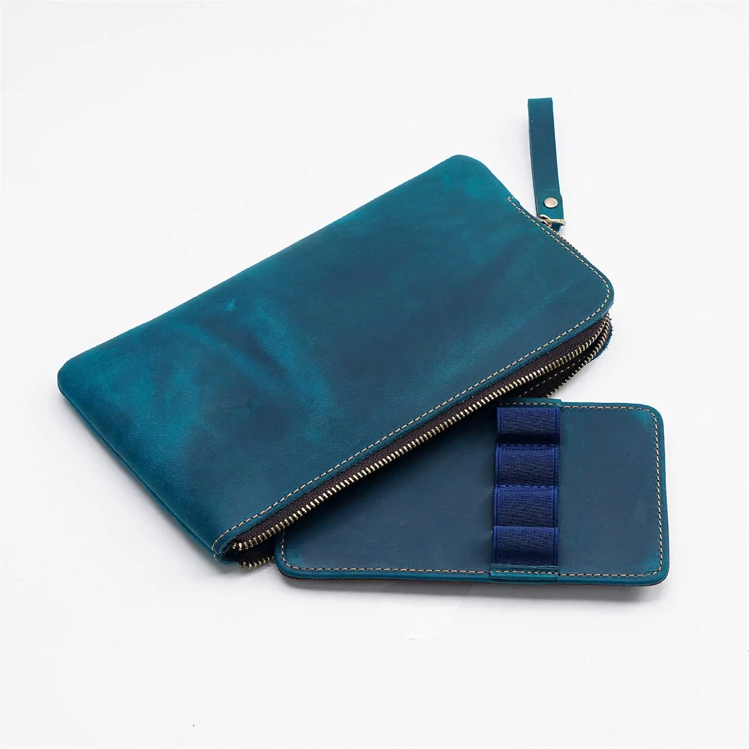 Genuine leather large capacity pencil case. Zip Pouch, Accessories holder, Stationery Bag, Retro handmade artwork. (Blue)