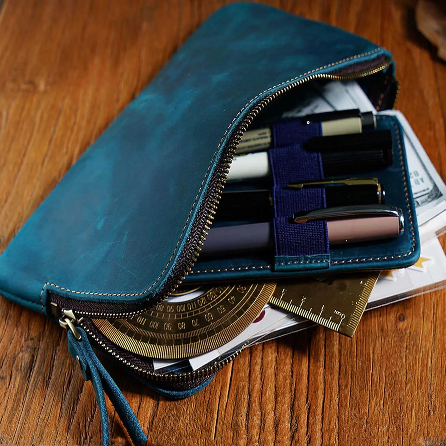 Genuine leather large capacity pencil case. Zip Pouch, Accessories holder, Stationery Bag, Retro handmade artwork. (Blue)