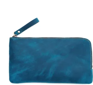 Genuine leather large capacity pencil case. Zip Pouch, Accessories holder, Stationery Bag, Retro handmade artwork. (Blue)