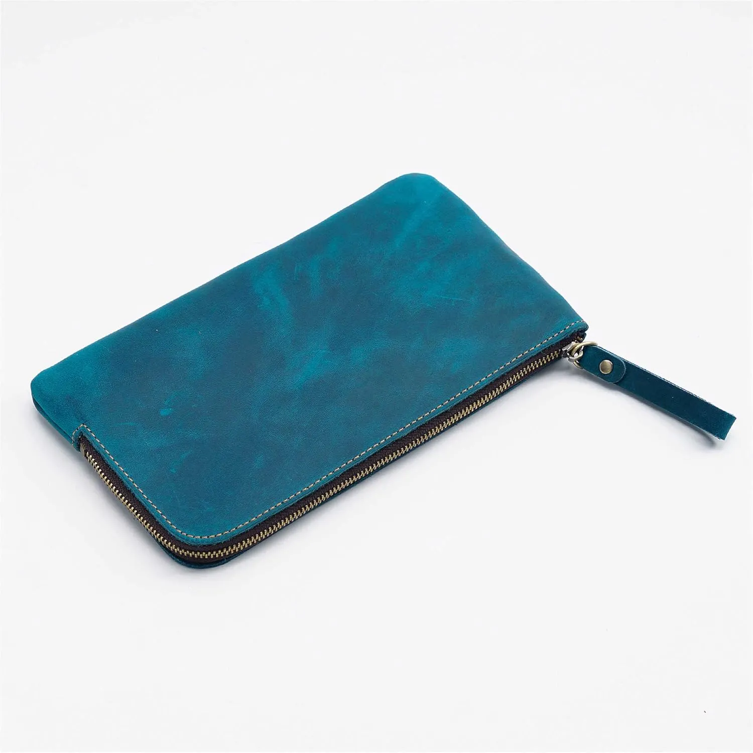 Genuine leather large capacity pencil case. Zip Pouch, Accessories holder, Stationery Bag, Retro handmade artwork. (Blue)