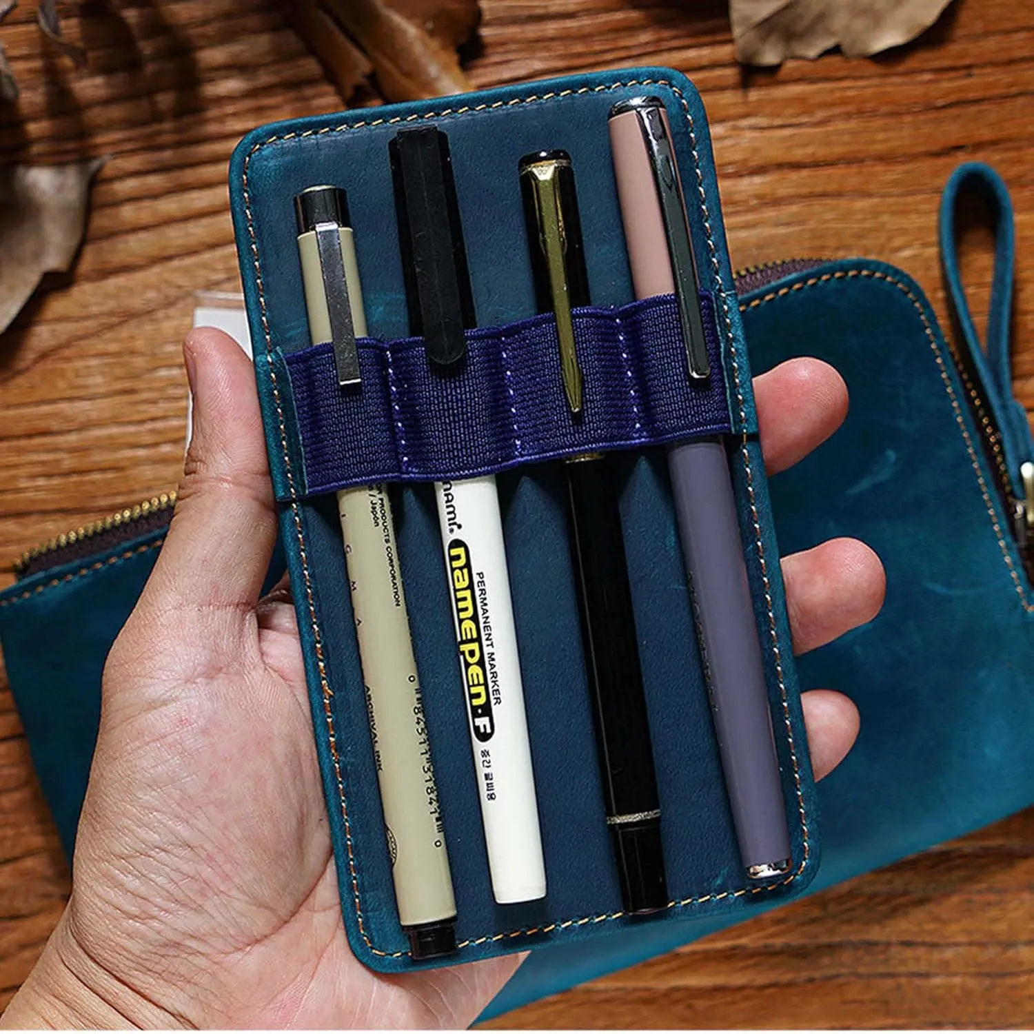 Genuine leather large capacity pencil case. Zip Pouch, Accessories holder, Stationery Bag, Retro handmade artwork. (Blue)