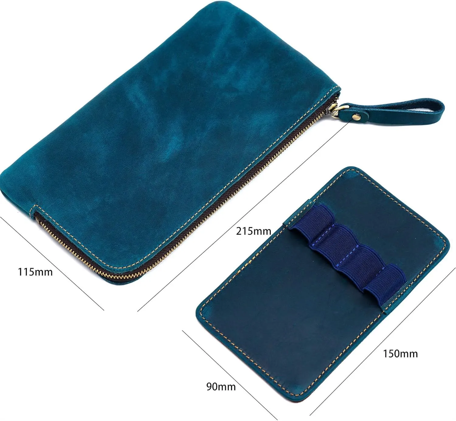 Genuine leather large capacity pencil case. Zip Pouch, Accessories holder, Stationery Bag, Retro handmade artwork. (Blue)