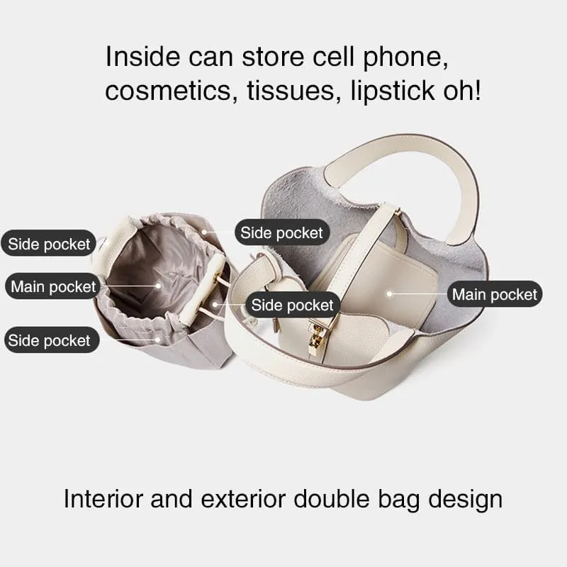 Genuine Leather Lock Design Bucket Bag Basket, Fashionable and Versatile Shoulder Handbag,satchel small hobo bag