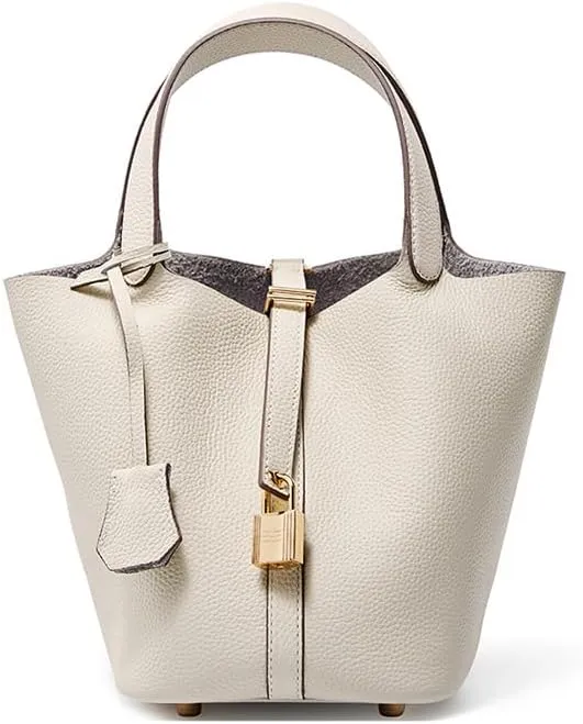 Genuine Leather Lock Design Bucket Bag Basket, Fashionable and Versatile Shoulder Handbag,satchel small hobo bag