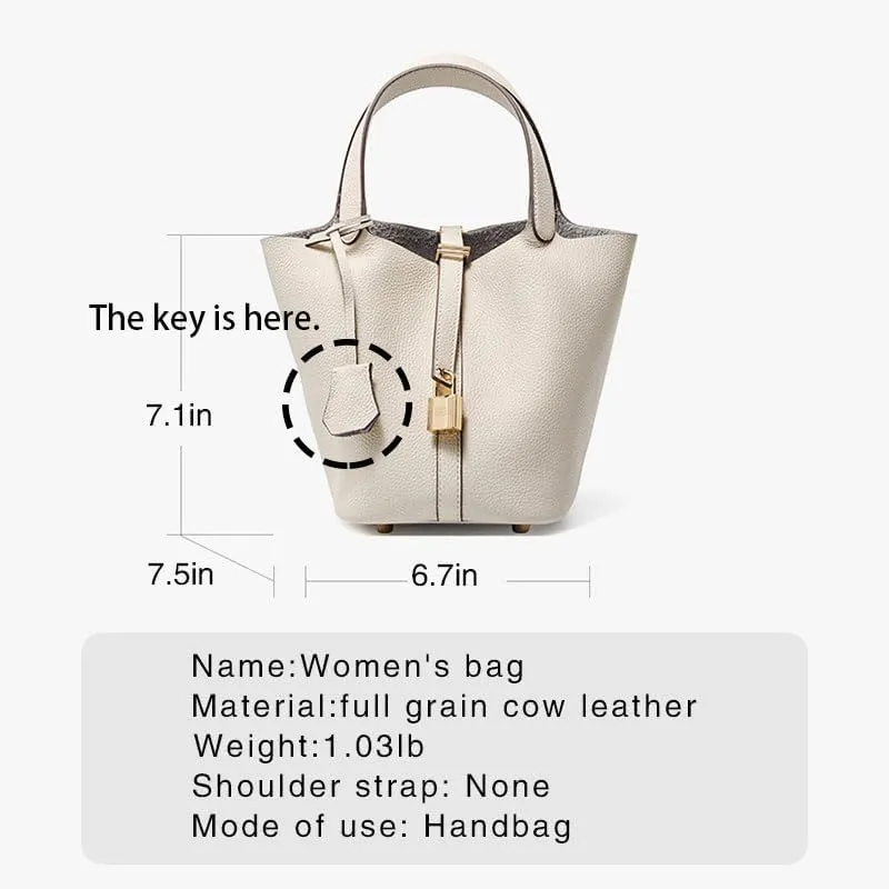 Genuine Leather Lock Design Bucket Bag Basket, Fashionable and Versatile Shoulder Handbag,satchel small hobo bag