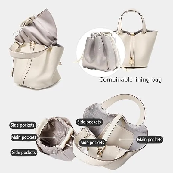 Genuine Leather Lock Design Bucket Bag Basket, Fashionable and Versatile Shoulder Handbag,satchel small hobo bag