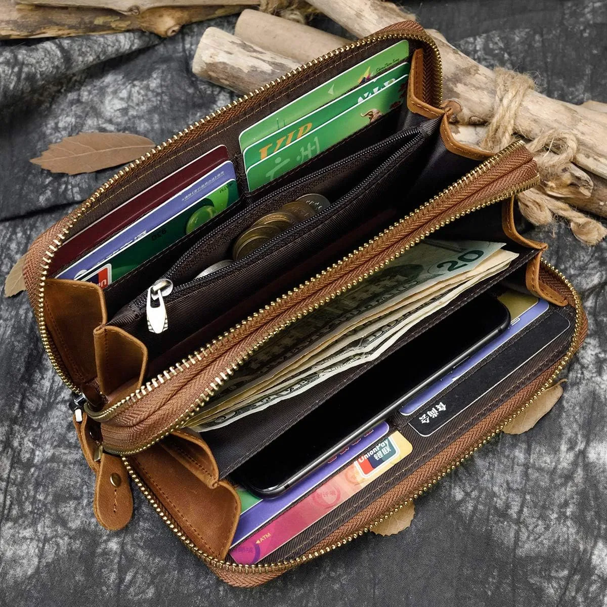 Genuine Leather Long Wallet for Men, Large Capacity Purse Clutch Bag Handbag Checkbook Cash Credit Cards Phone Holder