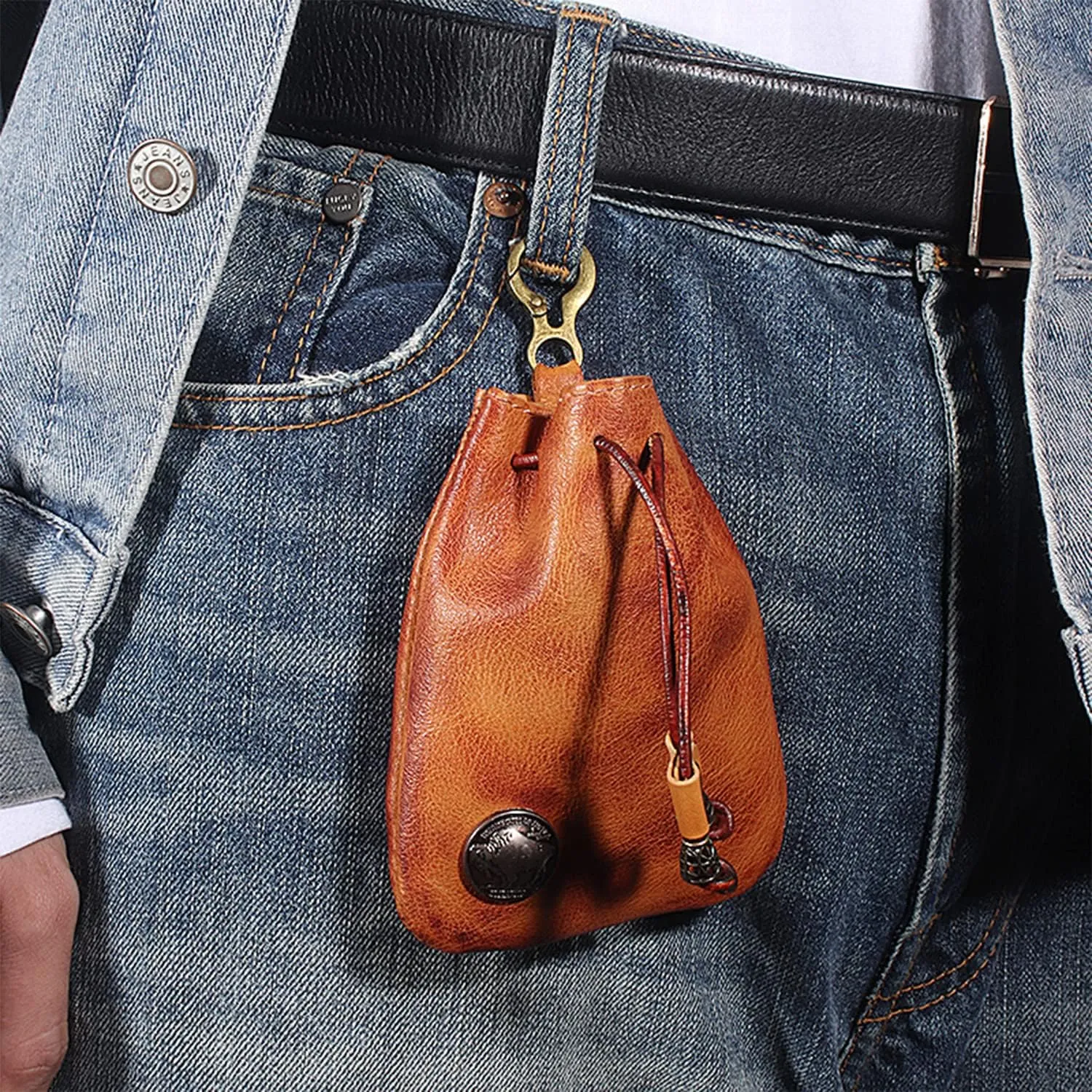 Genuine Leather Medieval Coin Purse Waist Bag, Coin Organizer, Change Holder, Small Leather Drawstring Pouch for Men & Women (Black)