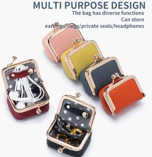 Genuine Leather Mini Jewelry Box, Portable Vintage-Inspired Genuine Leather Coin Purse jewelry Case Organizer with Kiss Lock for Ring Earring Necklace, Chic Mini PU leather Wallet for Women