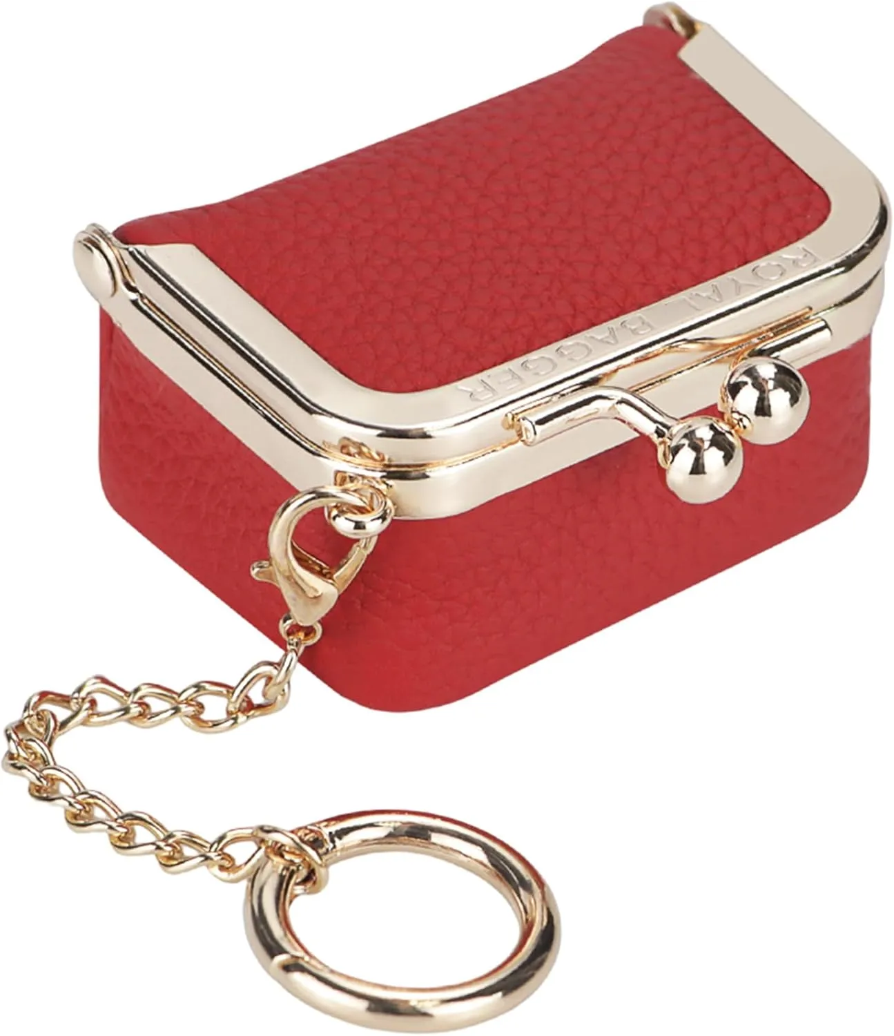 Genuine Leather Mini Jewelry Women's Coin Purse Solid Color Kiss Lock Change Pouch Casual Style Small Storage Bag for Women 1894 (Bright Red with Chain)