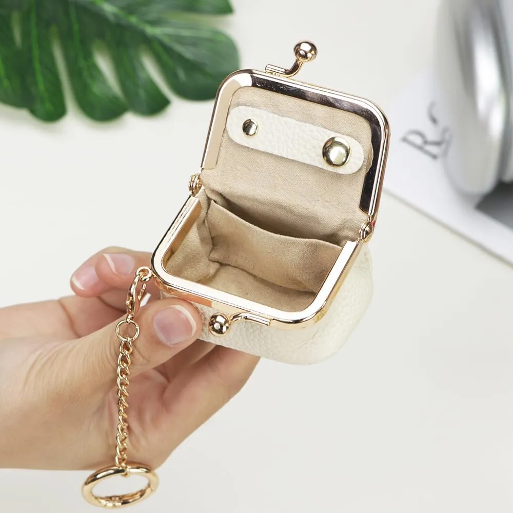 Genuine Leather Mini Jewelry Women's Coin Purse Solid Color Kiss Lock Change Pouch Casual Style Small Storage Bag for Women 1894 (Bright Red with Chain)