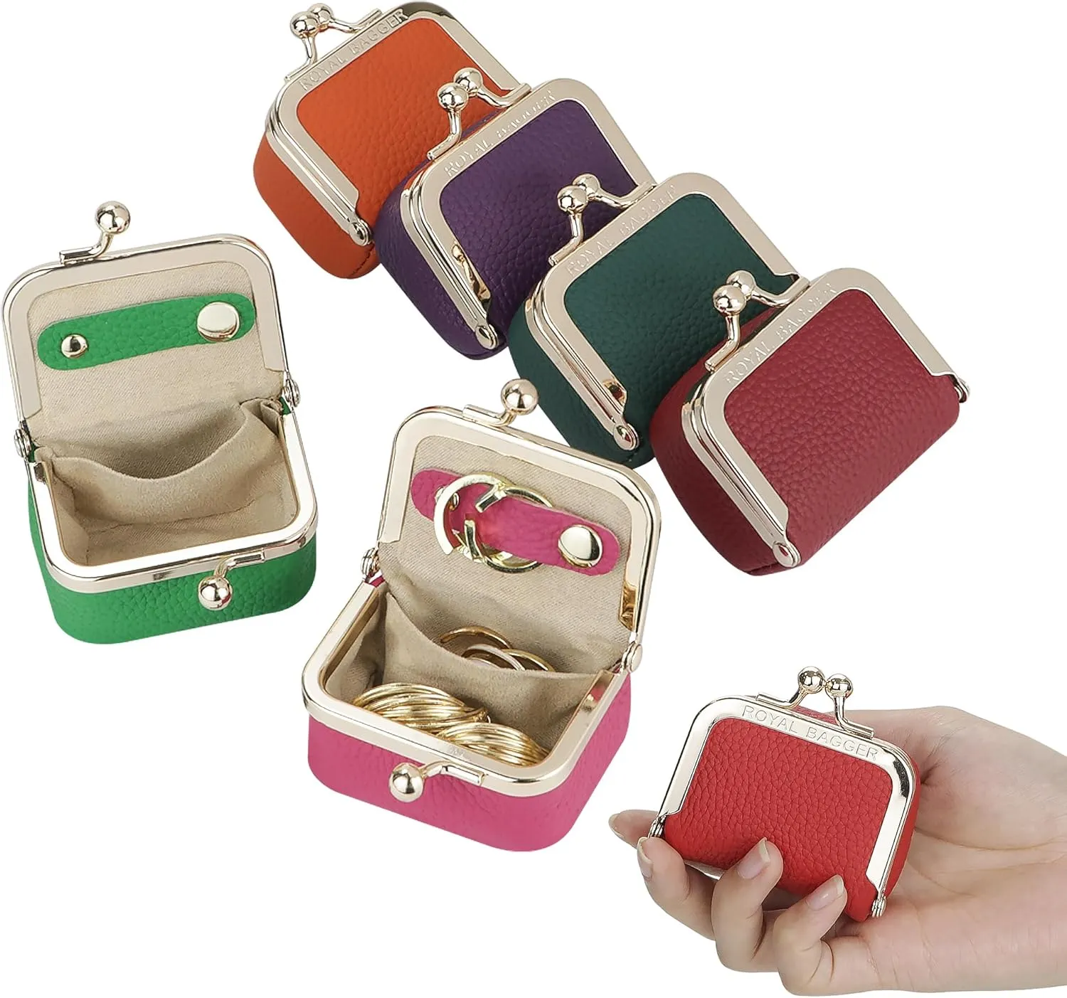 Genuine Leather Mini Jewelry Women's Coin Purse Solid Color Kiss Lock Change Pouch Casual Style Small Storage Bag for Women 1894 (Brown)