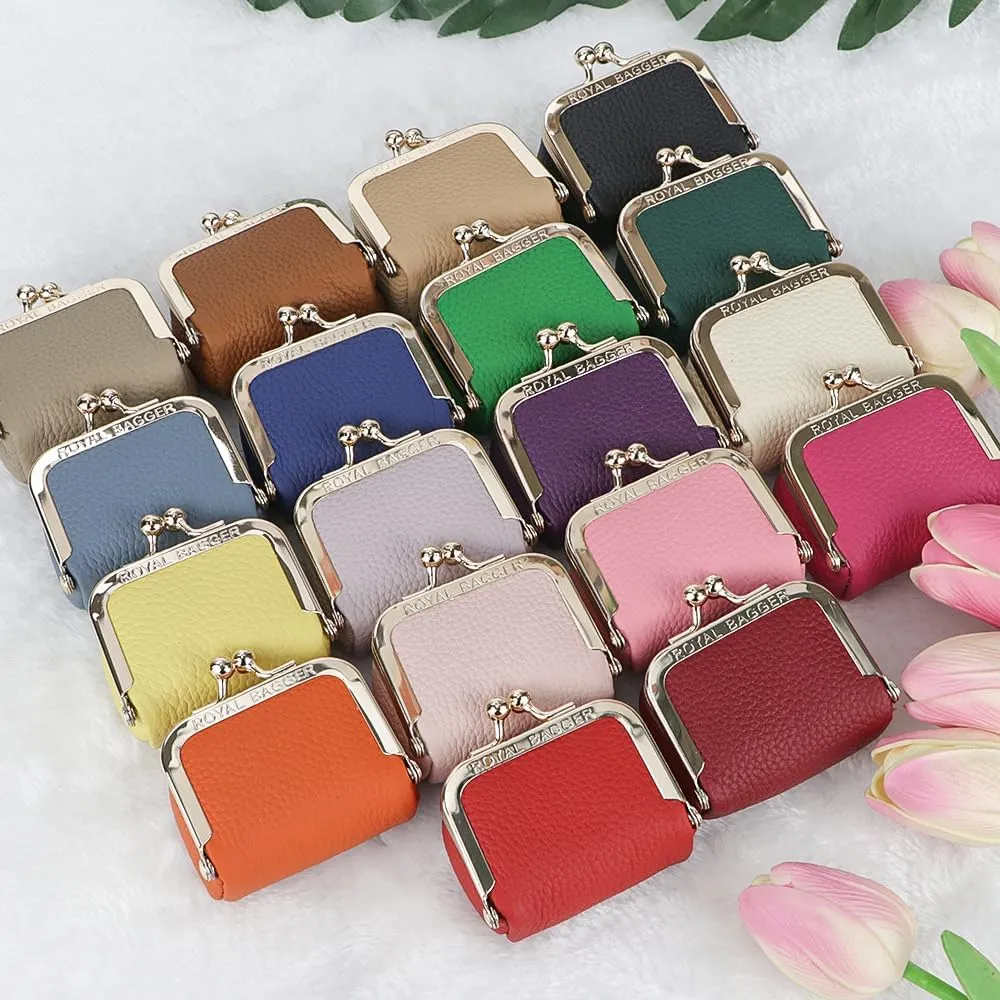 Genuine Leather Mini Jewelry Women's Coin Purse Solid Color Kiss Lock Change Pouch Casual Style Small Storage Bag for Women 1894 (Brown)