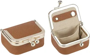 Genuine Leather Mini Jewelry Women's Coin Purse Solid Color Kiss Lock Change Pouch Casual Style Small Storage Bag for Women 1894 (Brown)