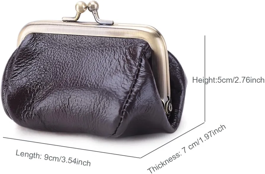 Genuine Leather Mini Vintage Coin Purse Kiss Lock change purse Cute Coin Purse Coin Organizer (Coffee)