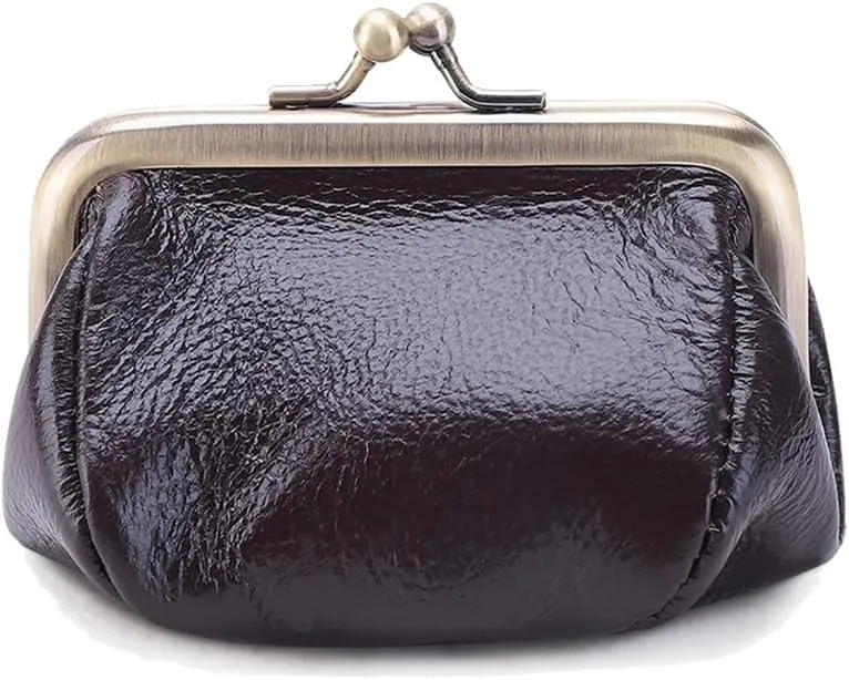 Genuine Leather Mini Vintage Coin Purse Kiss Lock change purse Cute Coin Purse Coin Organizer (Coffee)