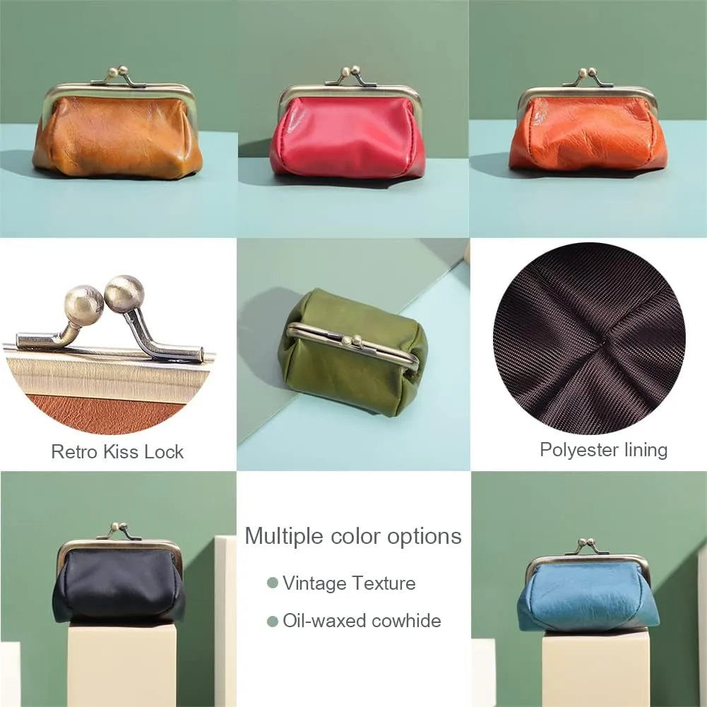 Genuine Leather Mini Vintage Coin Purse Kiss Lock change purse Cute Coin Purse Coin Organizer (Coffee)