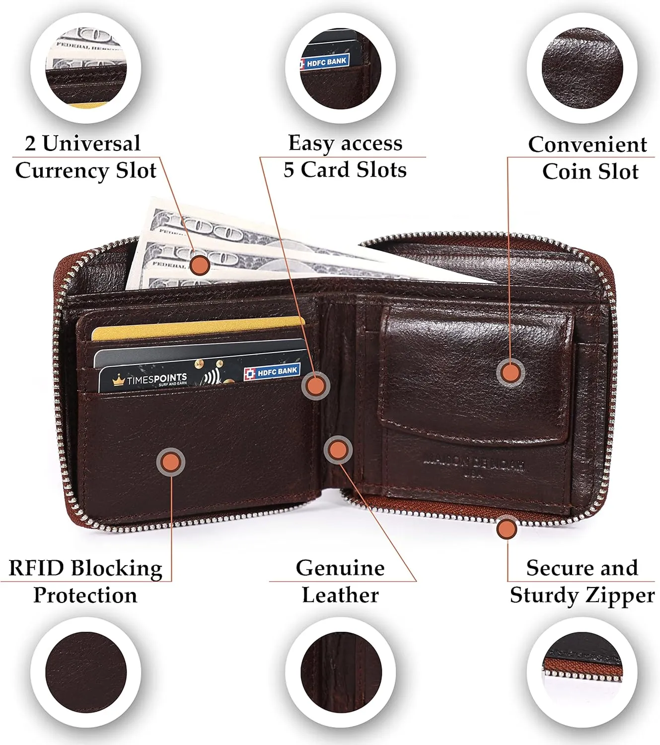 Genuine Leather RFID Trifold/Zipper Around Wallet for Men Horizontal/Vertical Zippered Wallet and Card Holder | Ideal Gift for Men and Women