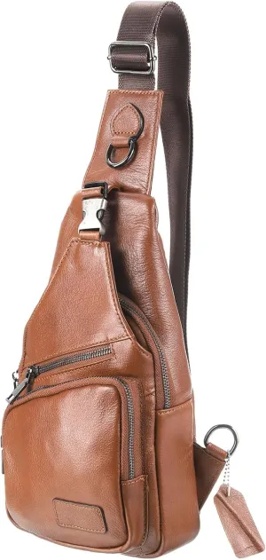 Genuine Leather Small Sling Bag - 6.69"x12.6" (LXH) Good for Men and Women Hiking Travel - Multipurpose Casual Small Packs Crossbody Chest Bag Backpack Brown