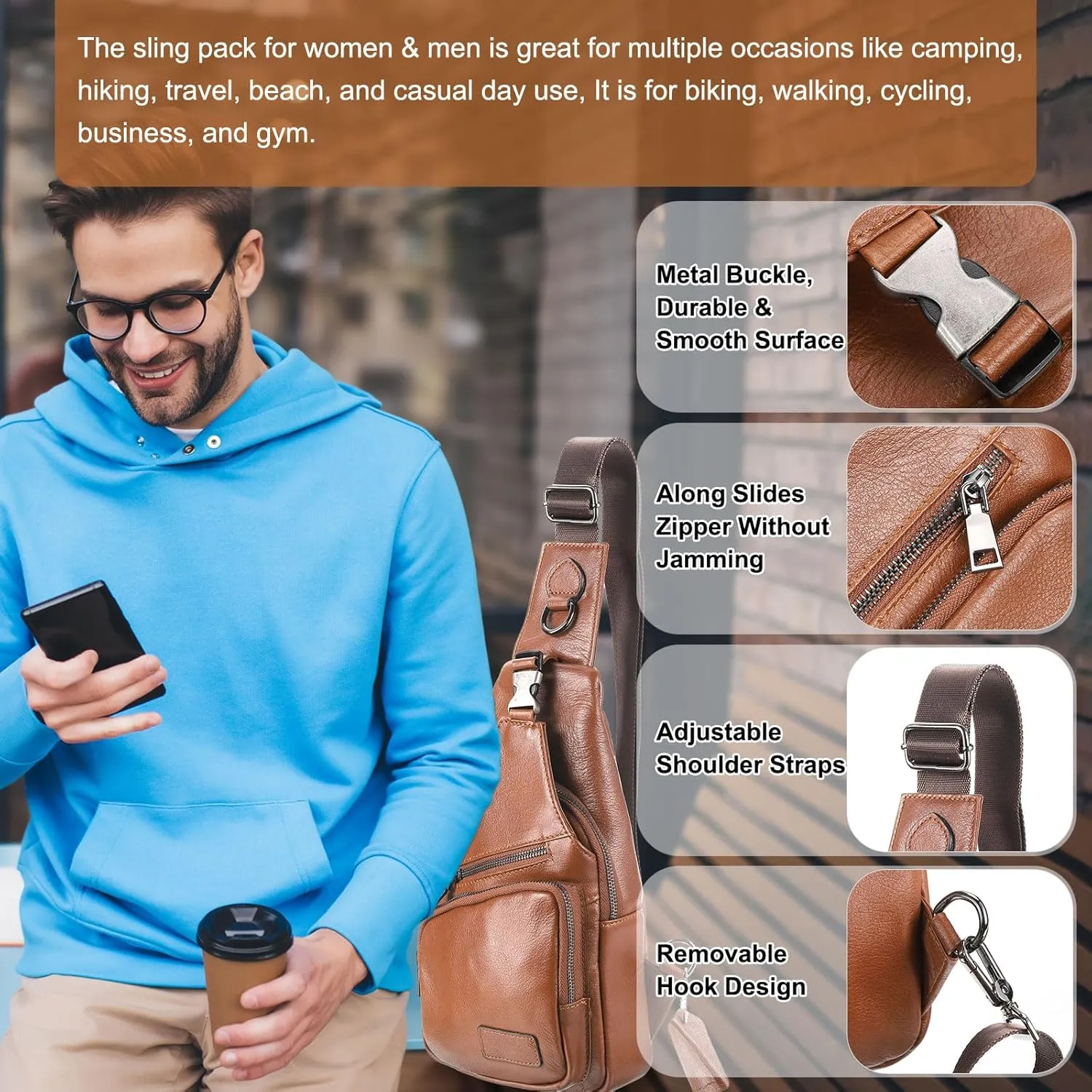 Genuine Leather Small Sling Bag - 6.69"x12.6" (LXH) Good for Men and Women Hiking Travel - Multipurpose Casual Small Packs Crossbody Chest Bag Backpack Brown