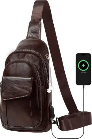 Genuine Leather Vintage USB Charging Port Crossbody Sling Bag with Key Ring, Adjustable Strap, Cowhide Leather Backpack