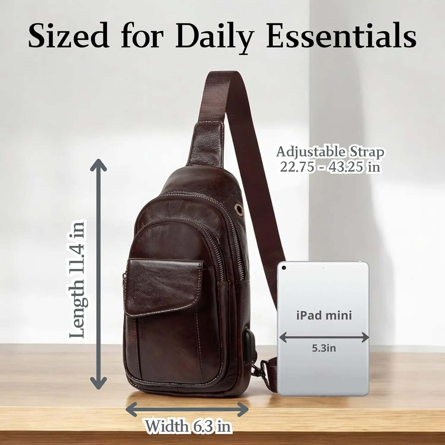 Genuine Leather Vintage USB Charging Port Crossbody Sling Bag with Key Ring, Adjustable Strap, Cowhide Leather Backpack