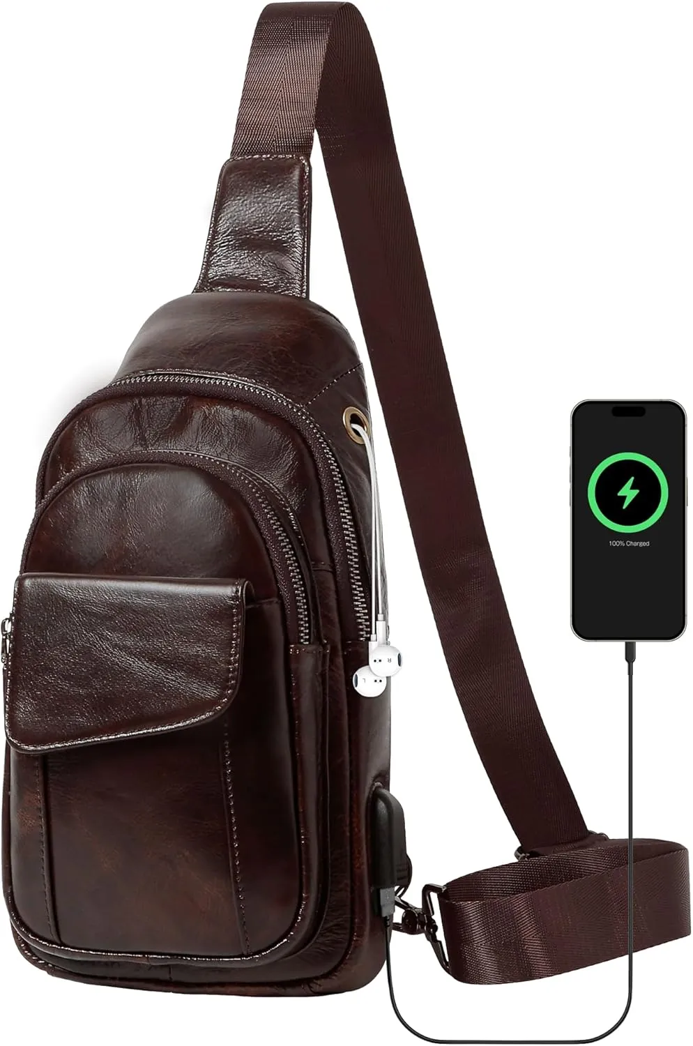 Genuine Leather Vintage USB Charging Port Crossbody Sling Bag with Key Ring, Adjustable Strap, Cowhide Leather Backpack