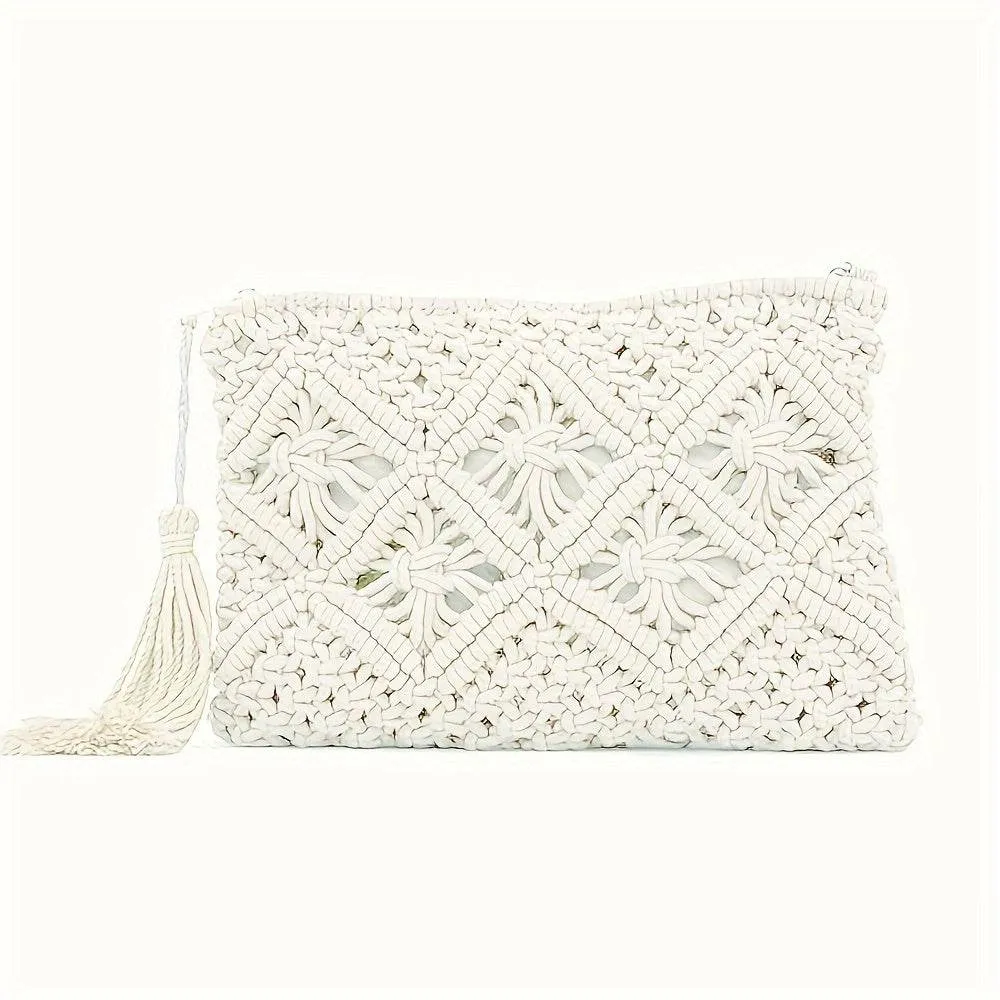 Geometric Print Fabric Straw Woven Clutch Bag