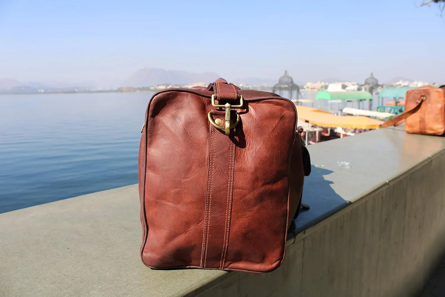 GifteQ Genuine Leather Brown Vintage Luggage Unisex Duffle Travel Bag for Men/Boys/Girls/Women (Chocolote Brown, 26 inch)