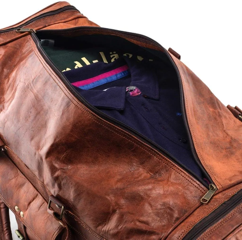GifteQ Genuine Leather Brown Vintage Luggage Unisex Duffle Travel Bag for Men/Boys/Girls/Women (Square Duffle, 24 inches)