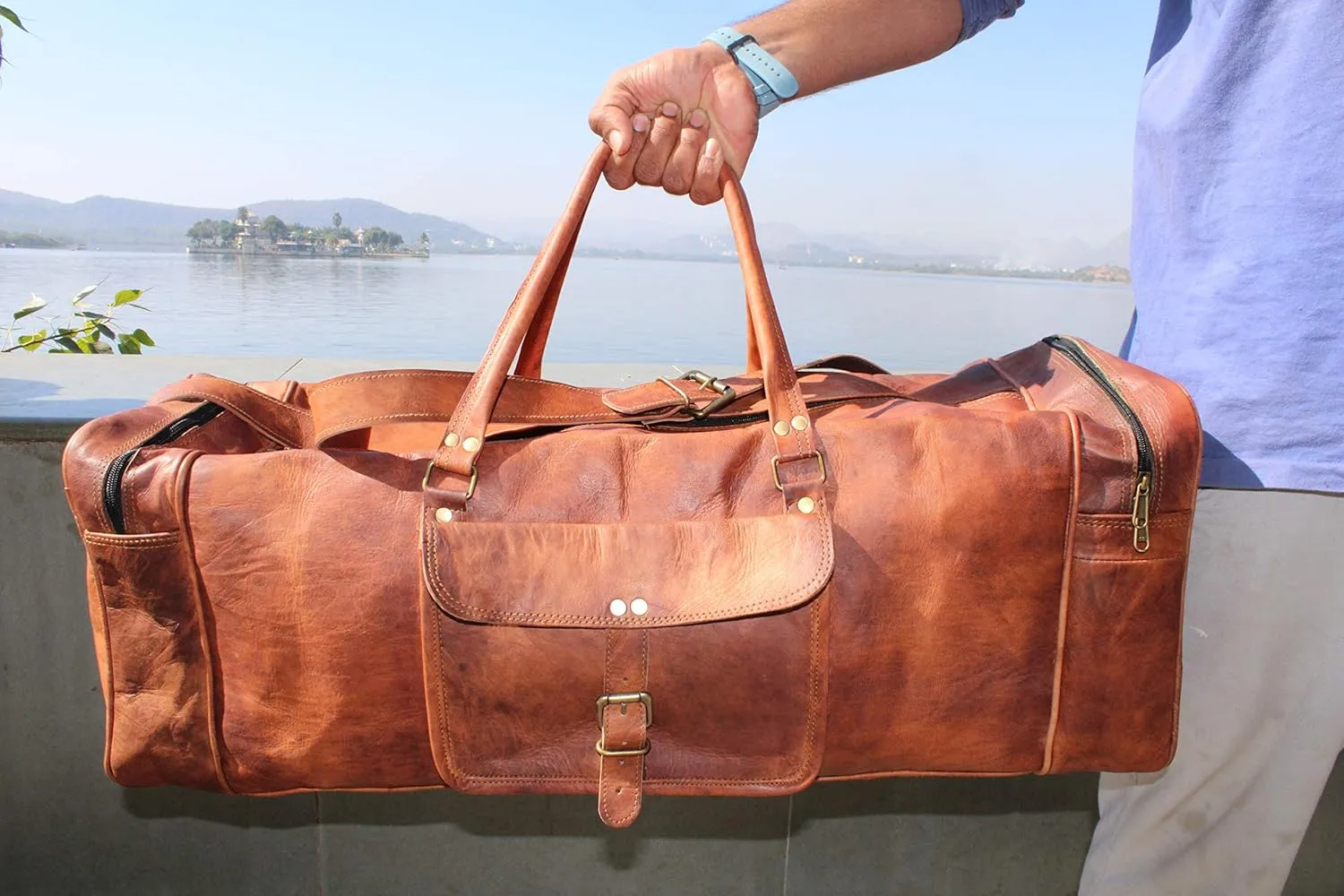 GifteQ Genuine Leather Brown Vintage Luggage Unisex Duffle Travel Bag for Men/Boys/Girls/Women (Square Duffle, 24 inches)