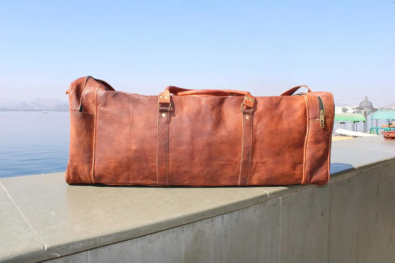 GifteQ Genuine Leather Brown Vintage Luggage Unisex Duffle Travel Bag for Men/Boys/Girls/Women (Square Duffle, 24 inches)