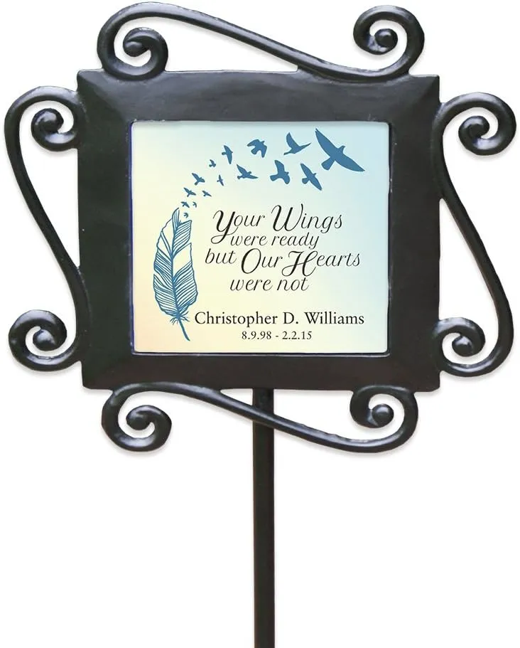 GiftsForYouNow Wrought Iron Personalized Memorial Garden Stake with Custom Text, 28 x 8.5 Inches, Temporary Grave Marker, Cemetery Memorial Plaque for Loss of Loved One Wings were Ready