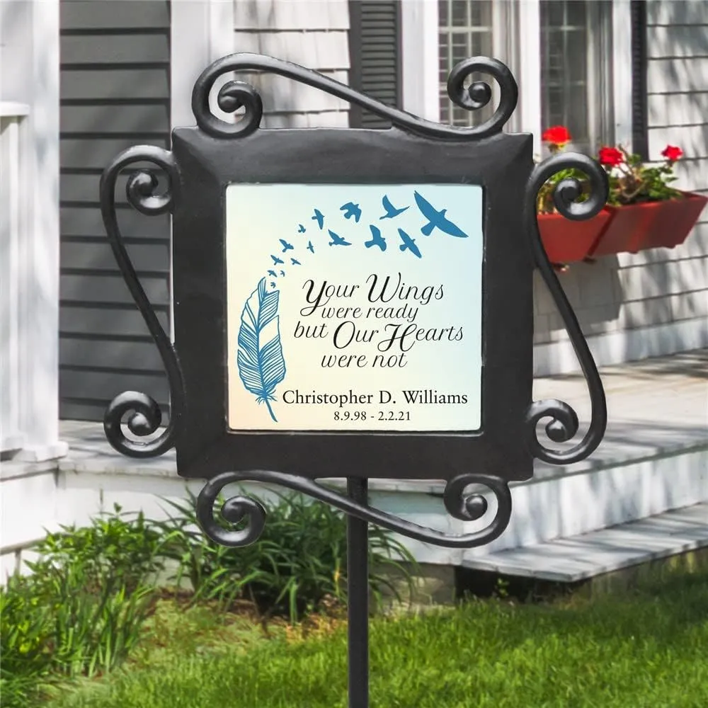 GiftsForYouNow Wrought Iron Personalized Memorial Garden Stake with Custom Text, 28 x 8.5 Inches, Temporary Grave Marker, Cemetery Memorial Plaque for Loss of Loved One Wings were Ready