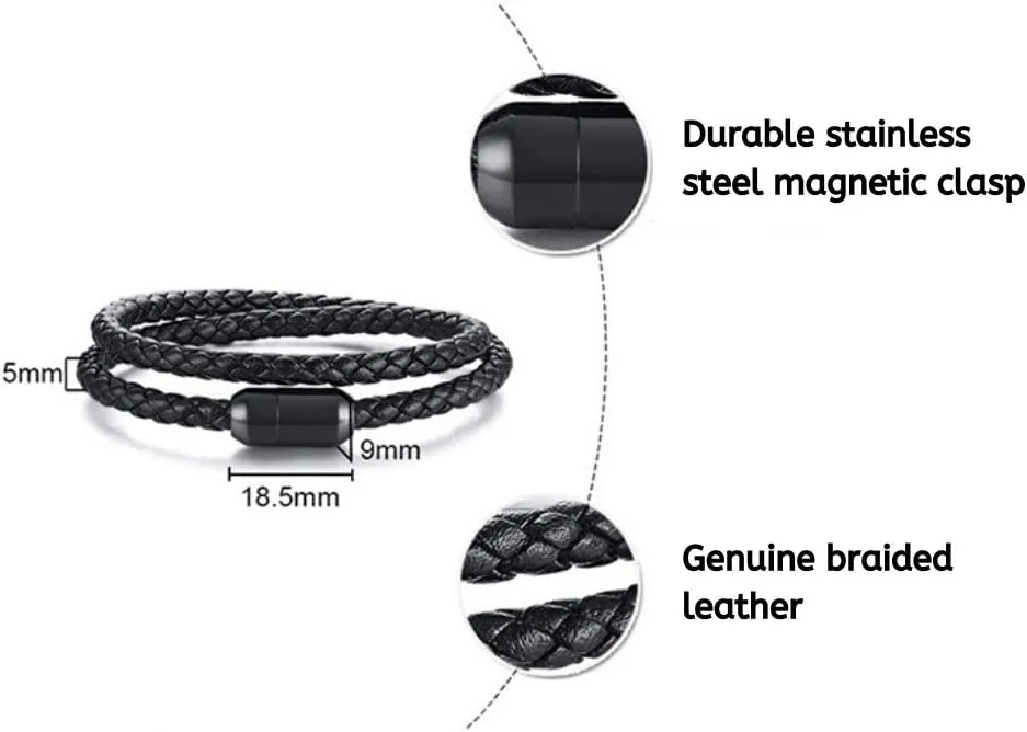 globi Leather Bracelet For Men | Genuine Wrap Braided Leather Cuff Bangle Bracelet with Magnetic Stainless Steel Clasp For Men/Women
