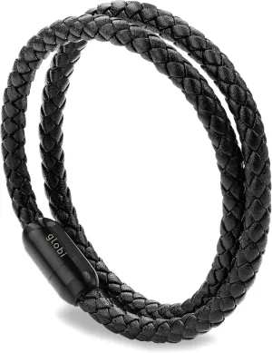 globi Leather Bracelet For Men | Genuine Wrap Braided Leather Cuff Bangle Bracelet with Magnetic Stainless Steel Clasp For Men/Women