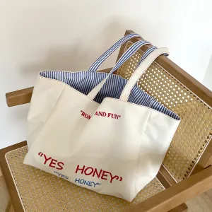 GOOSUDU Large Capacity Totes Positive and Negative Double-Sided Striped Shoulder Bag Textured Embroidered College Student Canvas Bag Female Commuter Bag