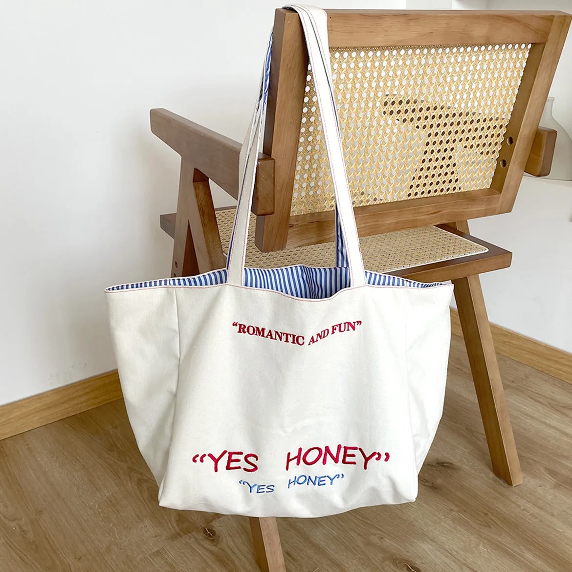 GOOSUDU Large Capacity Totes Positive and Negative Double-Sided Striped Shoulder Bag Textured Embroidered College Student Canvas Bag Female Commuter Bag