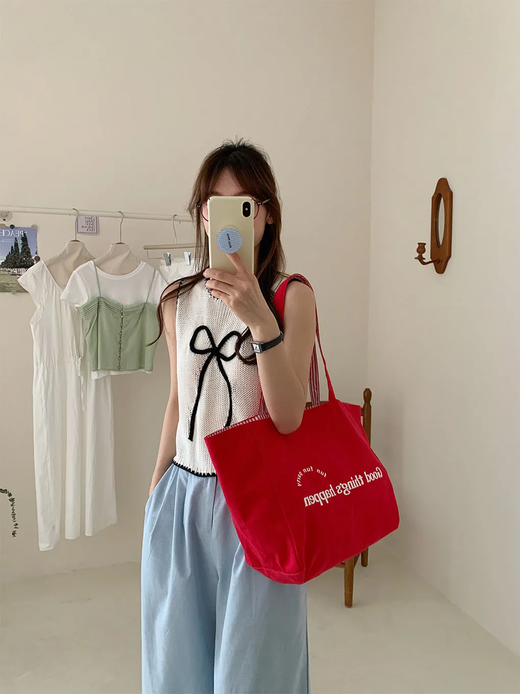 GOOSUDU Large Capacity Totes Positive and Negative Double-Sided Striped Shoulder Bag Textured Embroidered College Student Canvas Bag Female Commuter Bag