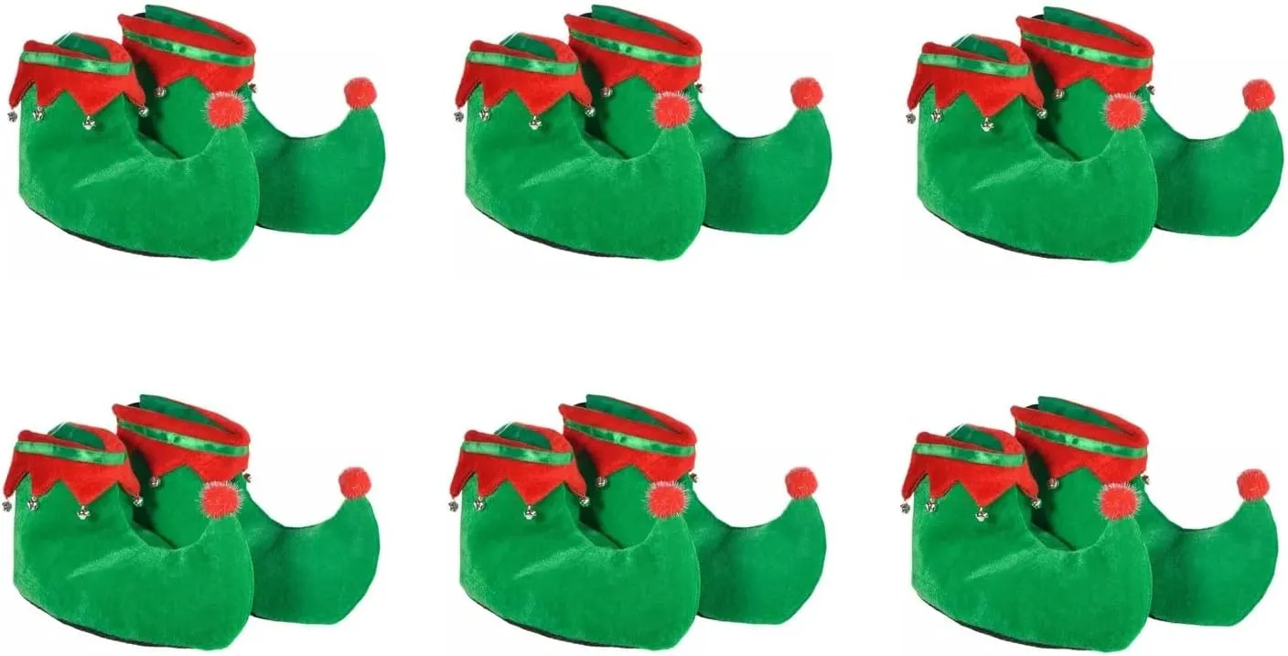 Green & Red Plush Elf Shoes - One Size Fits Most - (1 Pair)- Festive Holiday Footwear