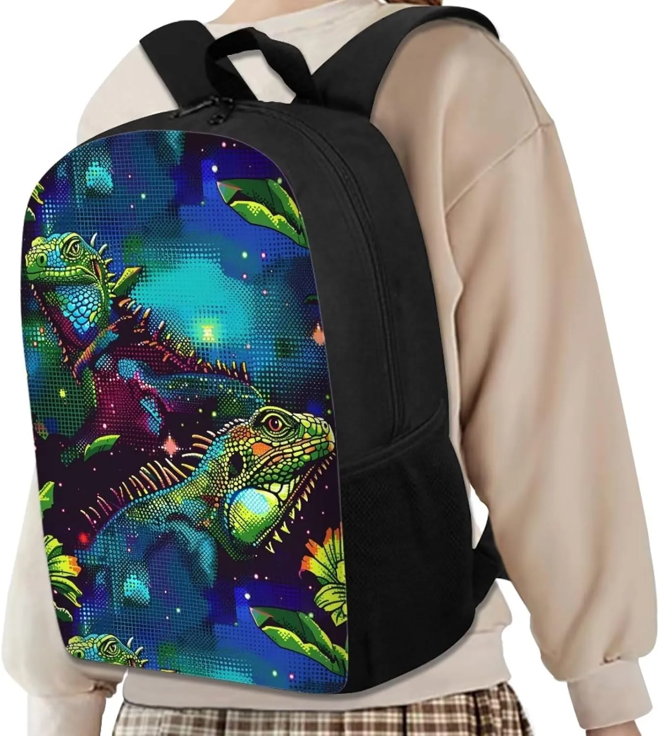 Green Dot-Art Iguana Print Vibrant Animal Pattern Student Backpack 17 Inch Bag for Teens，Perfect for Sports & Campus Life