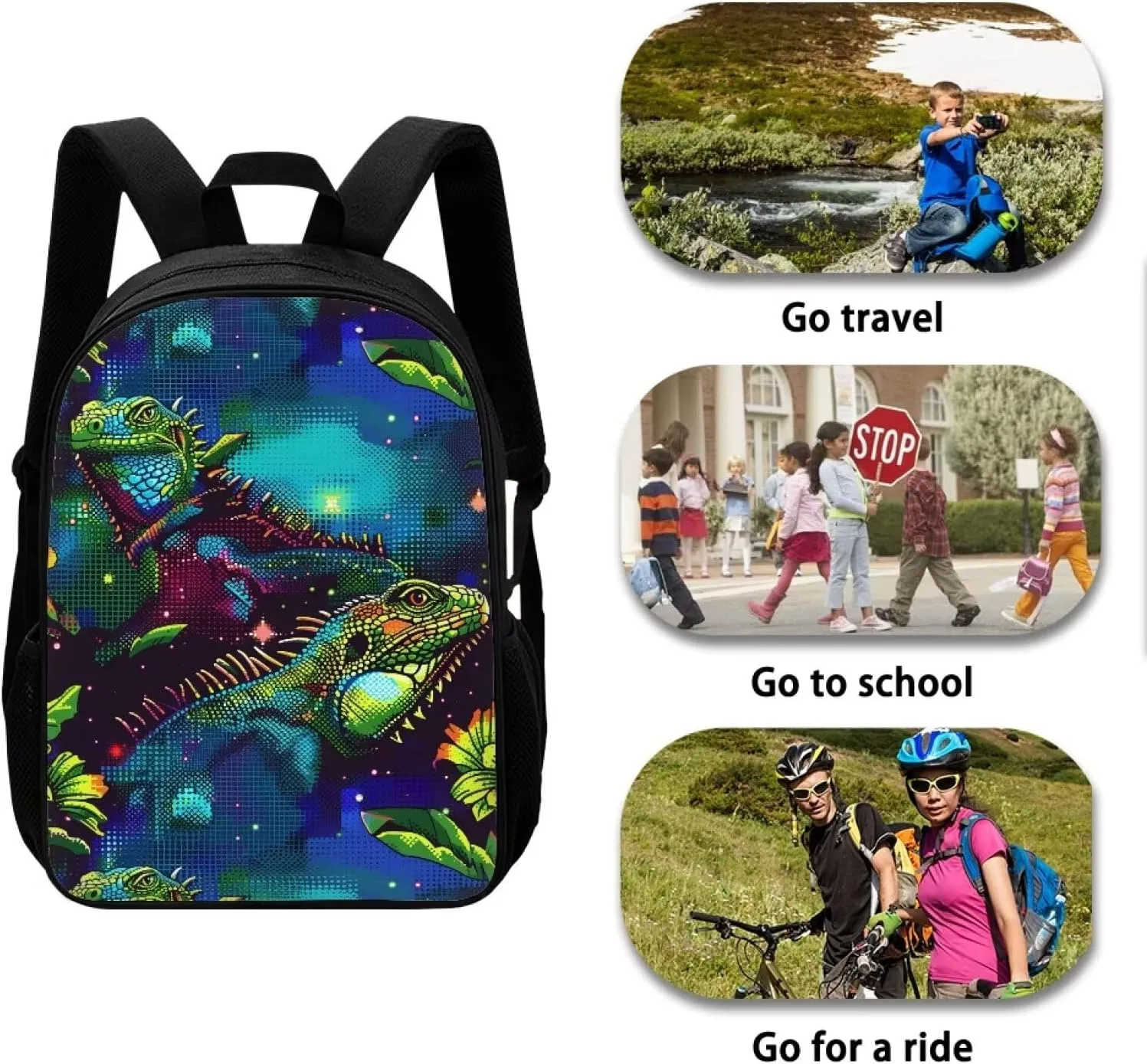 Green Dot-Art Iguana Print Vibrant Animal Pattern Student Backpack 17 Inch Bag for Teens，Perfect for Sports & Campus Life
