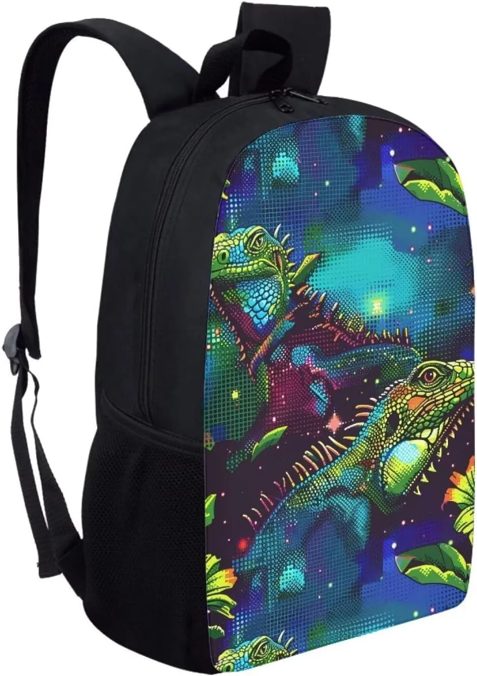 Green Dot-Art Iguana Print Vibrant Animal Pattern Student Backpack 17 Inch Bag for Teens，Perfect for Sports & Campus Life