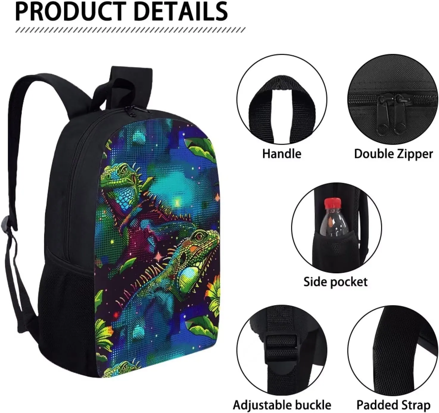 Green Dot-Art Iguana Print Vibrant Animal Pattern Student Backpack 17 Inch Bag for Teens，Perfect for Sports & Campus Life