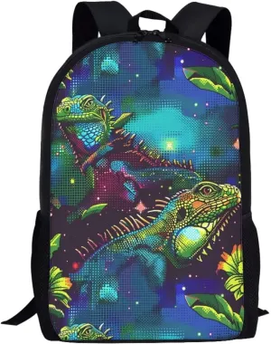 Green Dot-Art Iguana Print Vibrant Animal Pattern Student Backpack 17 Inch Bag for Teens，Perfect for Sports & Campus Life