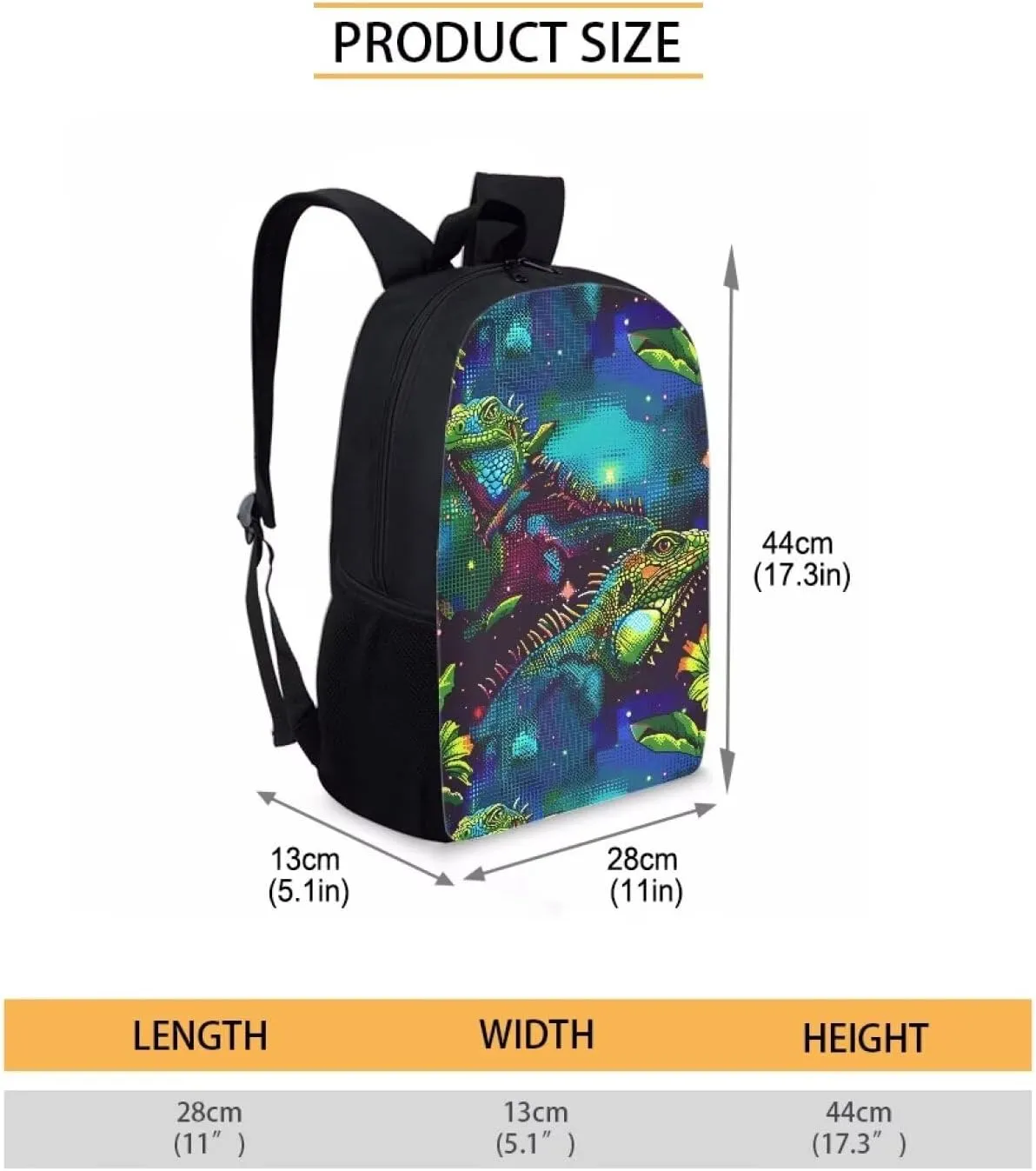 Green Dot-Art Iguana Print Vibrant Animal Pattern Student Backpack 17 Inch Bag for Teens，Perfect for Sports & Campus Life