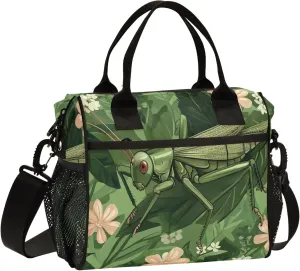 Green Grasshopper Flowers Lunch Bag Cooler Lunch Box Portable Meal Prep Food Container for Office School Travel Picnic Work